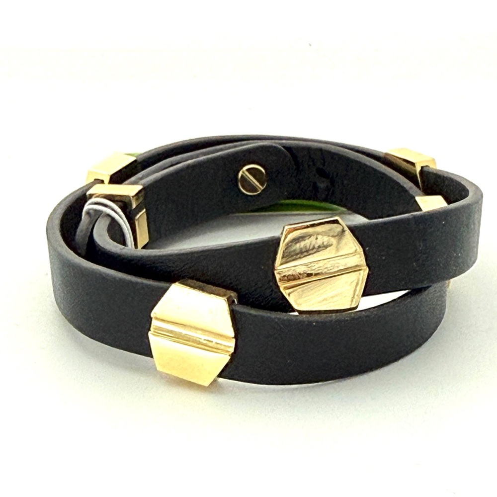 C. Wonder Black Leather and Gold Studded Wrap Bracelet